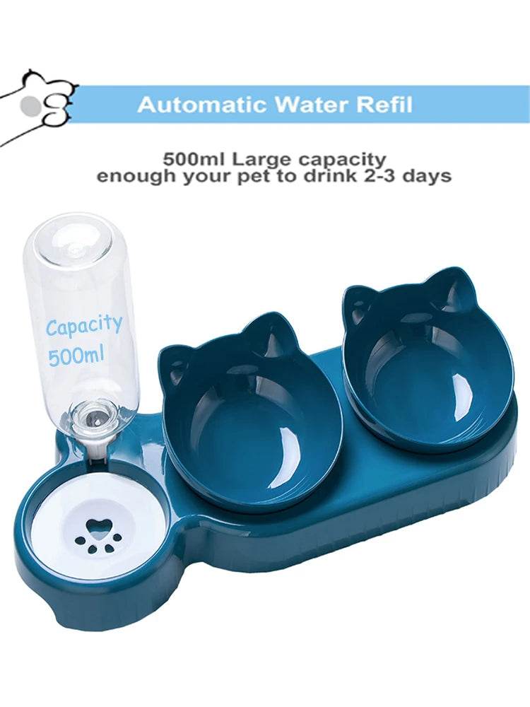 Bols Triple pour chats et chiens, mangeoire pour animaux de compagnie, Double bols 2 en 1 avec bouteille à boire automatique, conception inclinée et rotative pour chats et chiens - Animaleriex