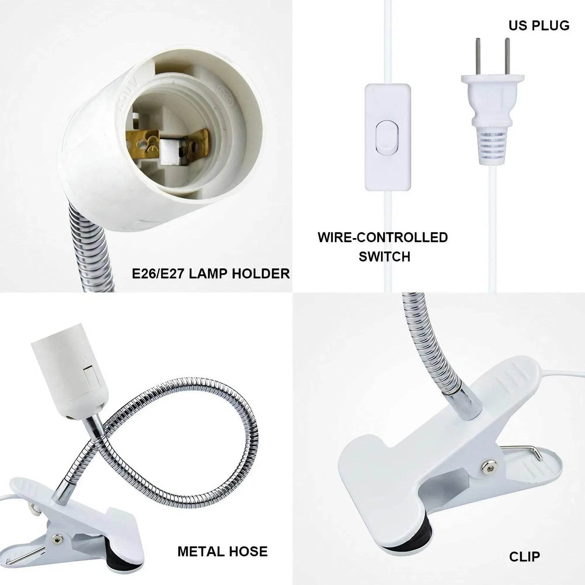 Support de lampe de bureau Flexible à 360 degrés, prise EU US, Base de lumière E27, câble à clipser à col de cygne avec interrupteur d'alimentation pour la maison - Animaleriex