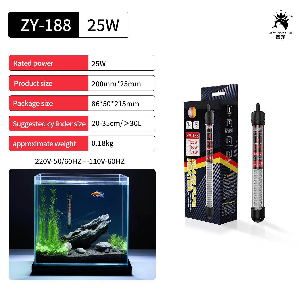Tige chauffante à Thermostat à température réglable 110v-220v, 25W 50W 100W 200W 300W, Submersible pour Aquarium, réservoir de poissons, chaleur de l'eau - Animaleriex