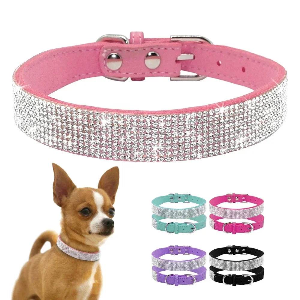 Collier pour chien en Fiber de daim et cristal, confortable, à paillettes, strass, en alliage de Zinc, avec boucle, pour petits chiens et chats, XXS-L - Animaleriex