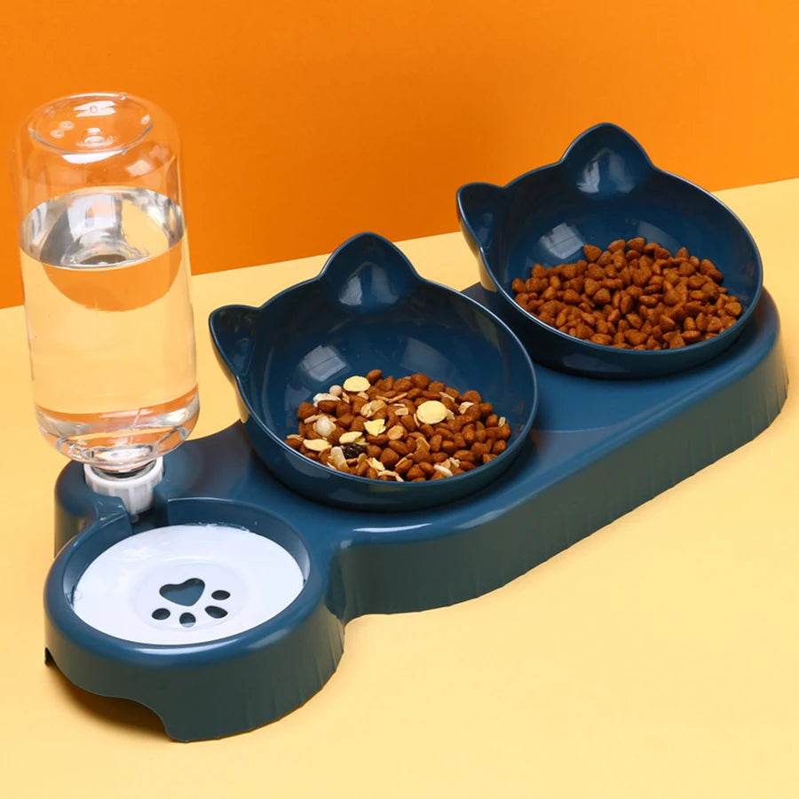 Bols Triple pour chats et chiens, mangeoire pour animaux de compagnie, Double bols 2 en 1 avec bouteille à boire automatique, conception inclinée et rotative pour chats et chiens - Animaleriex
