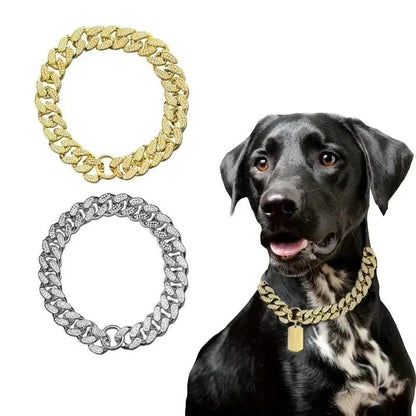 Collier de chaîne de chien en plastique or collier clouté de diamant de luxe pour chiens de taille moyenne bijoux pour animaux de compagnie collier accessoires chaîne cubaine - Animaleriex