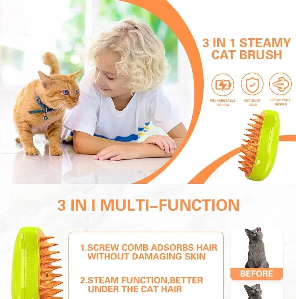 Chat chien brosse à vapeur brosse à vapeur pulvérisateur électrique pour Massage outil de toilettage pour animaux de compagnie perte 3 en 1 pulvérisateurs électriques peignes de Massage - Animaleriex