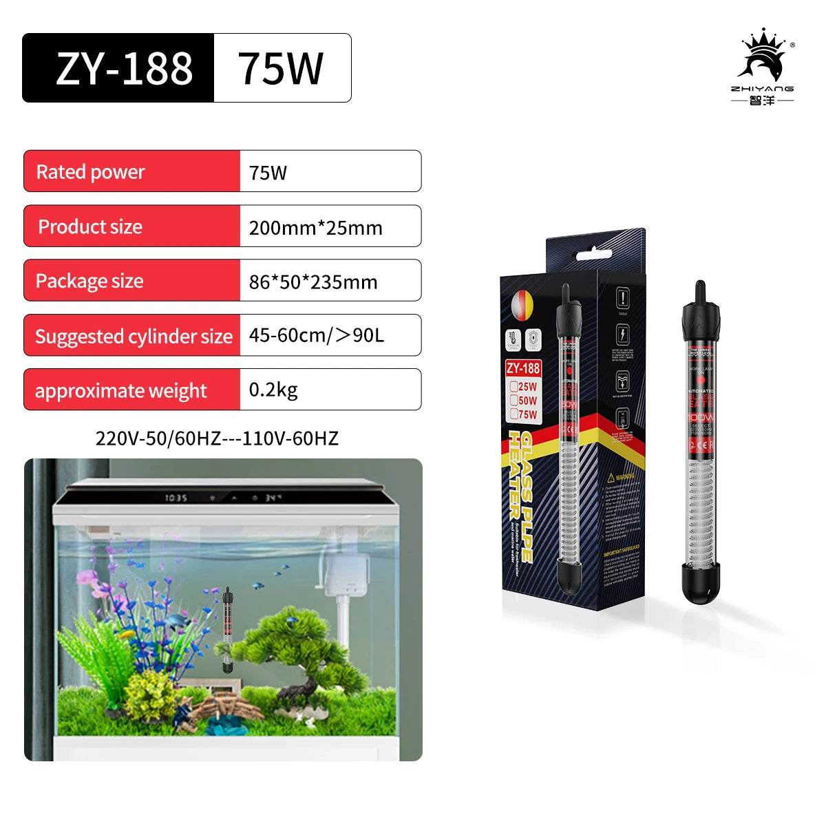 Tige chauffante à Thermostat à température réglable 110v-220v, 25W 50W 100W 200W 300W, Submersible pour Aquarium, réservoir de poissons, chaleur de l'eau - Animaleriex