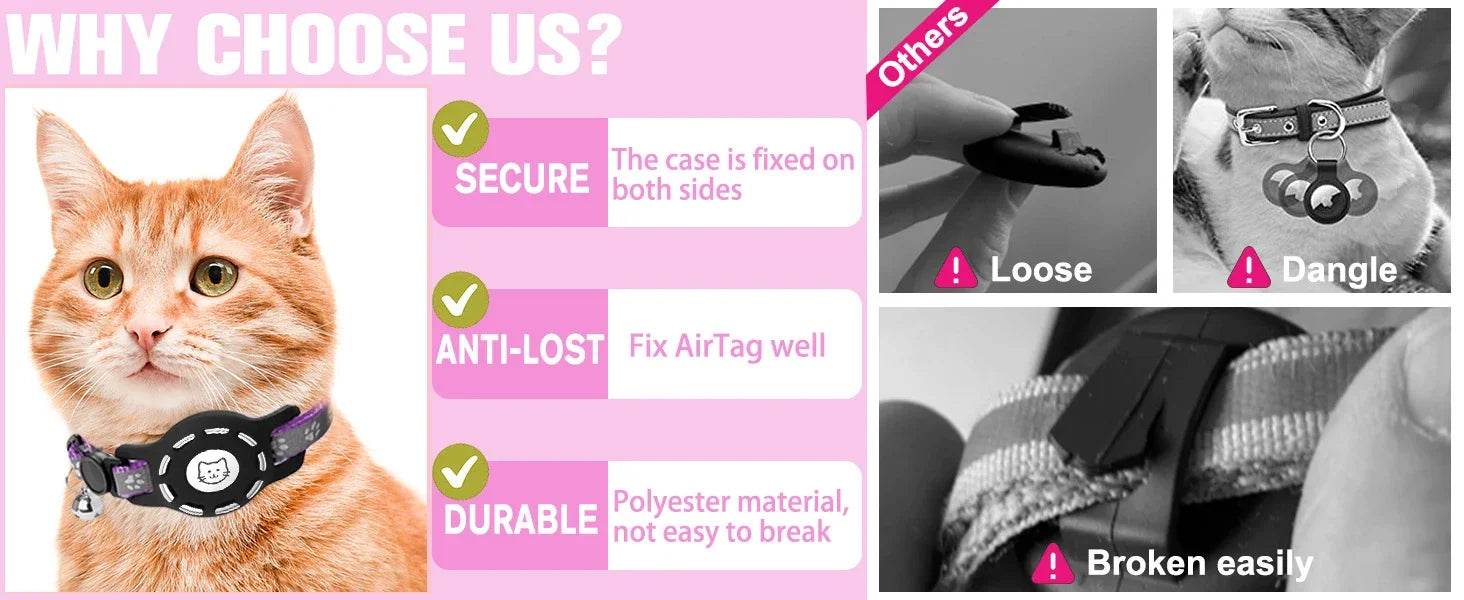 Collier pour chat AirTag avec cloches, collier pour chat à boucle de sécurité avec support Airtag, colliers anti-perte pour fille, garçon, chat, chiot - Animaleriex