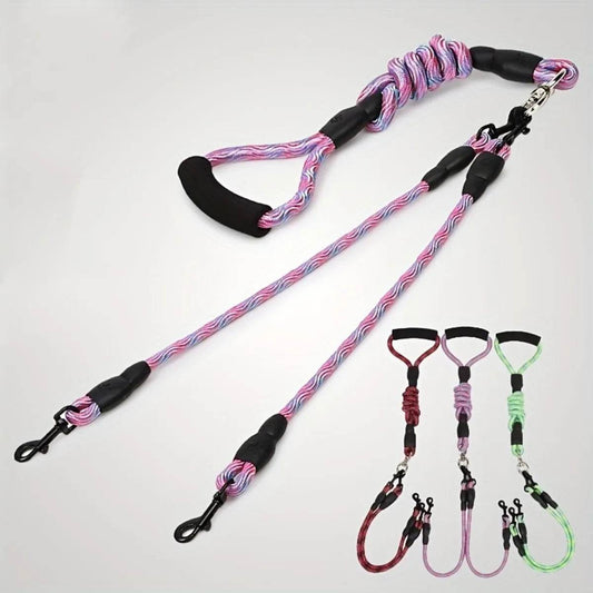 Corde de marche pour chien à double tête pour animaux de compagnie avec motif ondulé, une corde de traction à deux traînées, anti-enroulement et détachable - Animaleriex