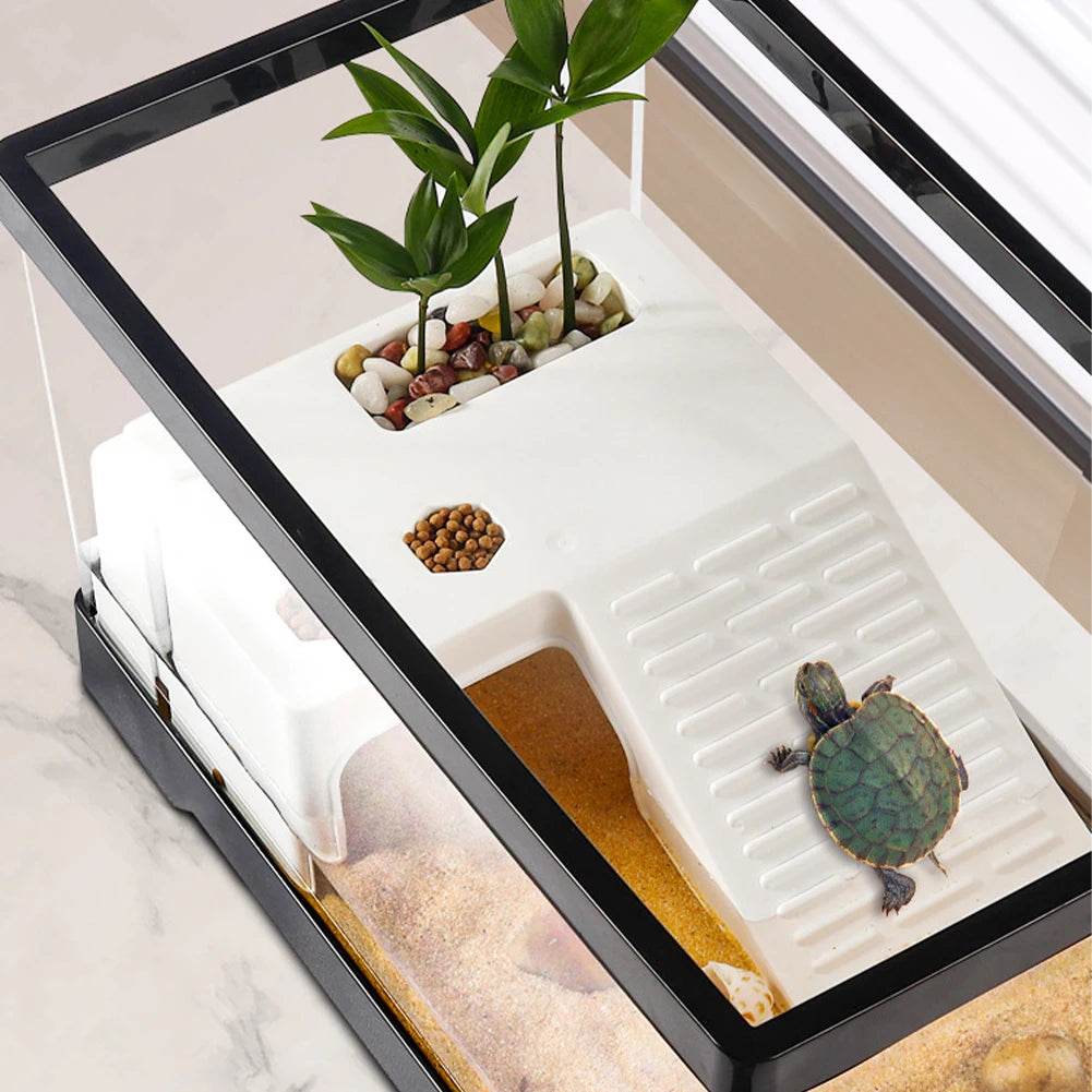 Grand réservoir de tortues Transparent, réservoir de poissons d'aquarium avec Drain de fond, Reptiles amphibiens avec plate-forme de baignade, boîte d'élevage ouverte - Animaleriex