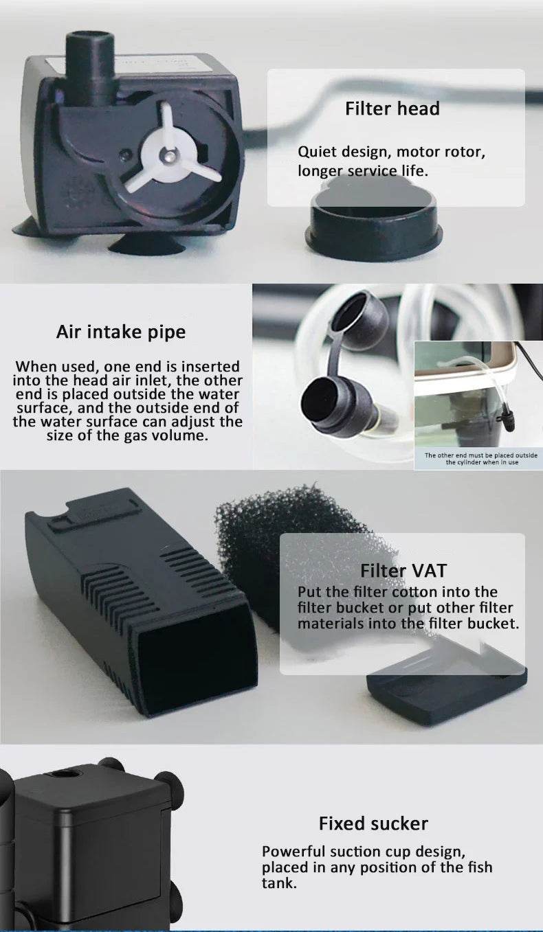 Pompe de filtre à eau Submersible à bas niveau, filtre pour réservoir de tortue, Aquarium, réservoir de poissons, pompe verticale augmentant l'oxygène, prise ue 3W - Animaleriex