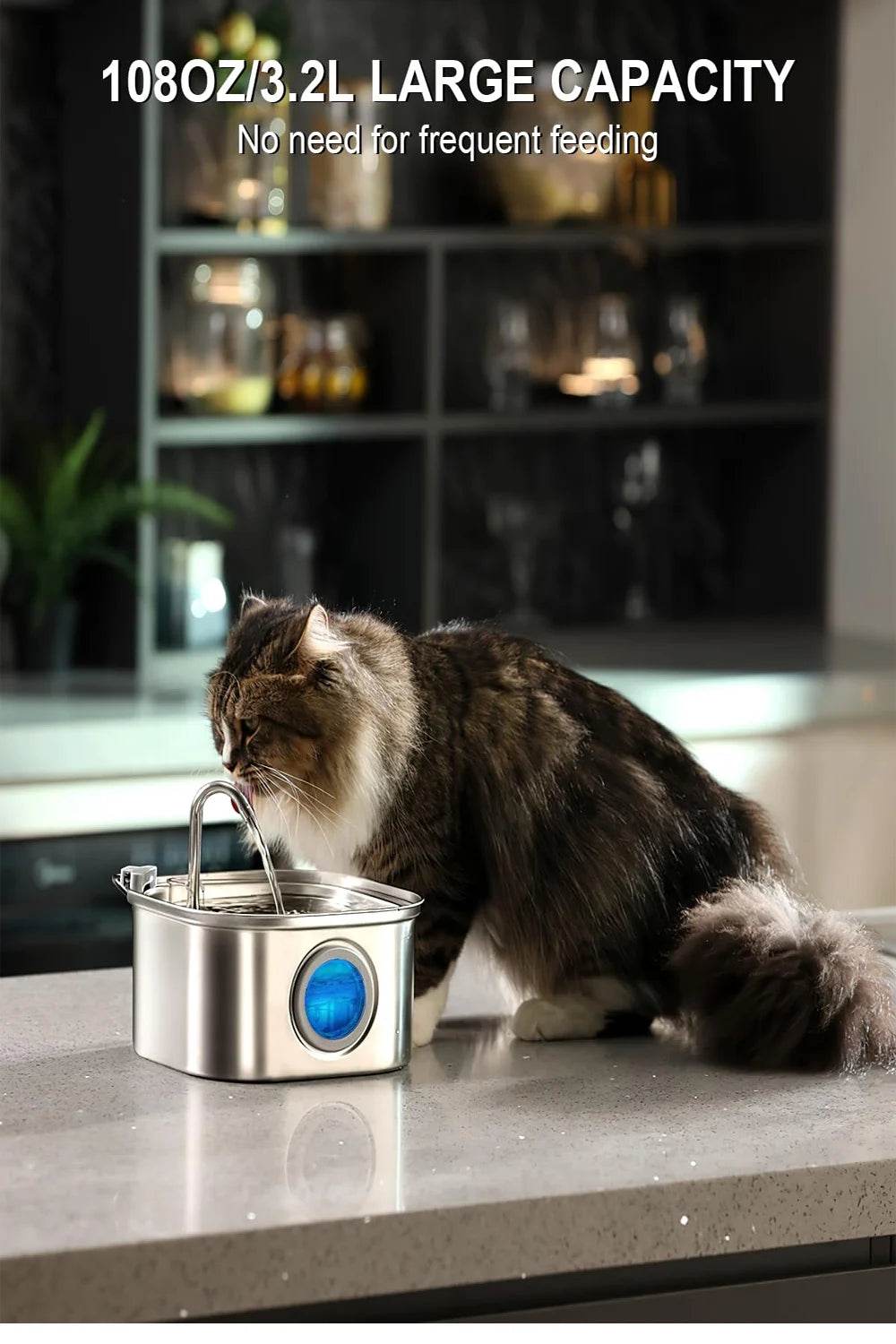 Distributeur d'eau en acier inoxydable pour animaux de compagnie, 3,2 l, fontaine automatique pour chat, distributeur d'eau intelligent pour chien, fenêtre visuelle, bol à boire, accessoires pour animaux de compagnie - Animaleriex