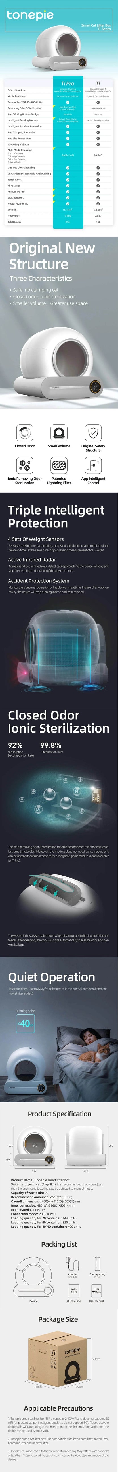 Tonepie 65L bac à litière intelligent automatique pour chat autonettoyant bac à litière pour chat entièrement fermé bac à litière pour toilettes pour animaux de compagnie versions anglaises - Animaleriex
