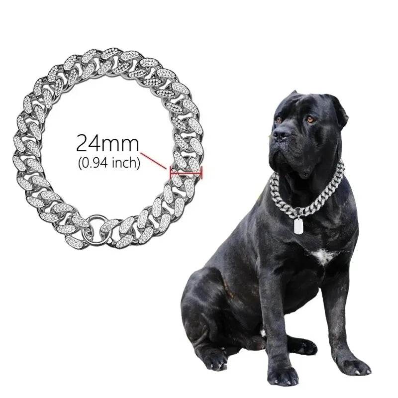 Collier de chaîne de chien en plastique or collier clouté de diamant de luxe pour chiens de taille moyenne bijoux pour animaux de compagnie collier accessoires chaîne cubaine - Animaleriex