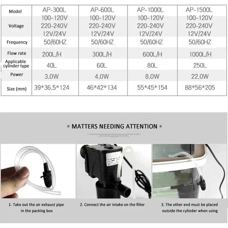 Pompe de filtre à eau Submersible à bas niveau, filtre pour réservoir de tortue, Aquarium, réservoir de poissons, pompe verticale augmentant l'oxygène, prise ue 3W - Animaleriex