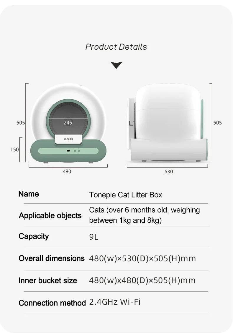 Tonepie Smart Automatique Chat Toilettes Autonettoyantes Toilettes Pour Animaux De Compagnie Entièrement Fermées Versions Anglaises 65L - Animaleriex
