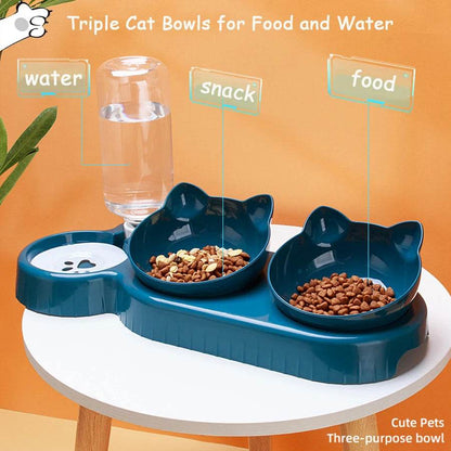 Bols Triple pour chats et chiens, mangeoire pour animaux de compagnie, Double bols 2 en 1 avec bouteille à boire automatique, conception inclinée et rotative pour chats et chiens - Animaleriex