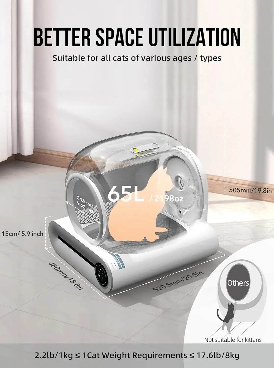 Tonepie 65L bac à litière intelligent automatique pour chat autonettoyant bac à litière pour chat entièrement fermé bac à litière pour toilettes pour animaux de compagnie versions anglaises - Animaleriex