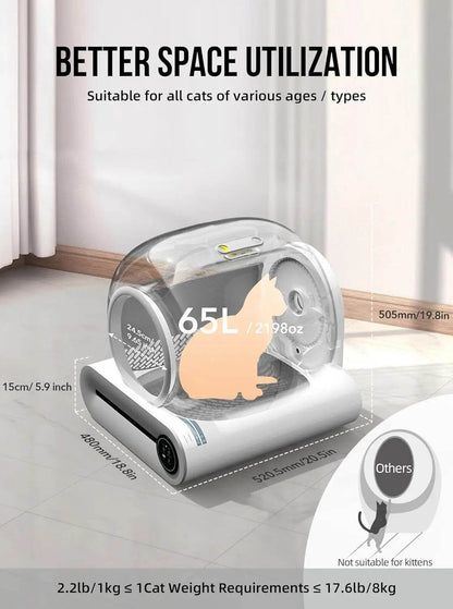 Tonepie 65L bac à litière intelligent automatique pour chat autonettoyant bac à litière pour chat entièrement fermé bac à litière pour toilettes pour animaux de compagnie versions anglaises - Animaleriex
